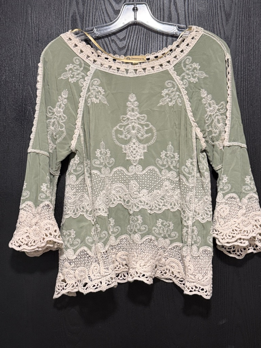 Boho Crochet-Trim Peasant Top - Sage Green